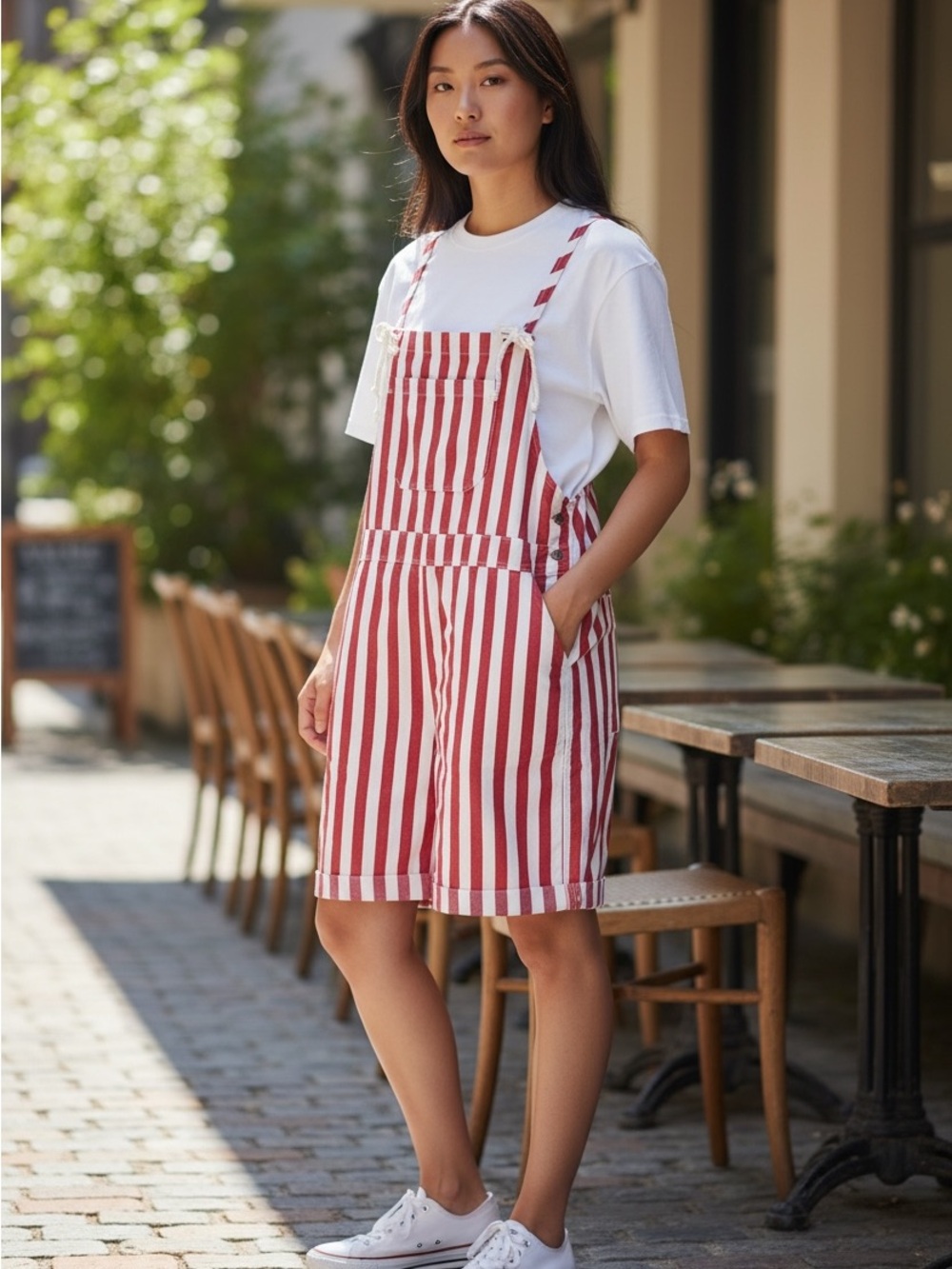 Striped Red & White Short Overalls with Heart Pockets
